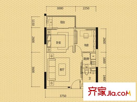 漢唐?蜜園B戶型 2室1廳1衛(wèi)1廚