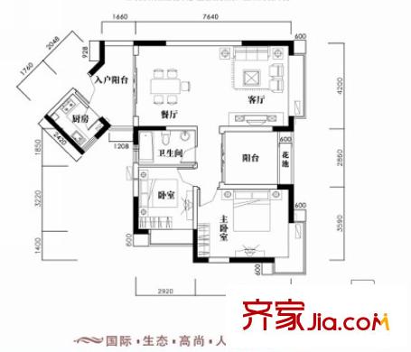 新世紀麗江豪園五期牡丹閣戶型圖1、2座2-16層東向03戶型 2室2廳1衛(wèi)1廚