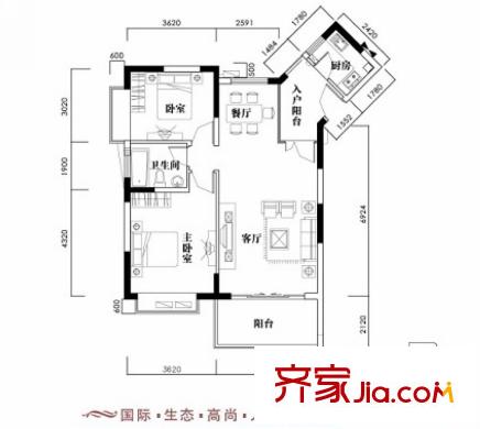 新世紀(jì)麗江豪園五期牡丹閣戶型圖3、4座2-17層南向01戶型 2室2廳1衛(wèi)1廚