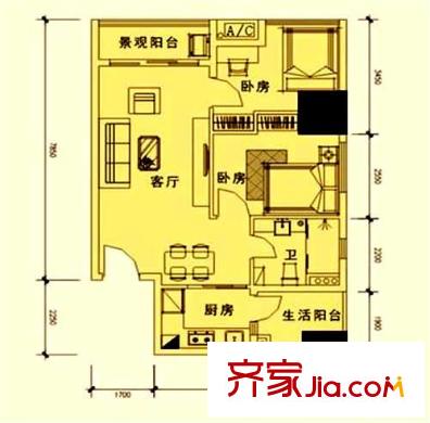 名門酒店戶型圖2室戶型圖 2室2廳1衛(wèi)1廚