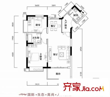 新世紀麗江豪園五期牡丹閣戶型圖1、2座2-16層南向01戶型 2室2廳1衛(wèi)1廚
