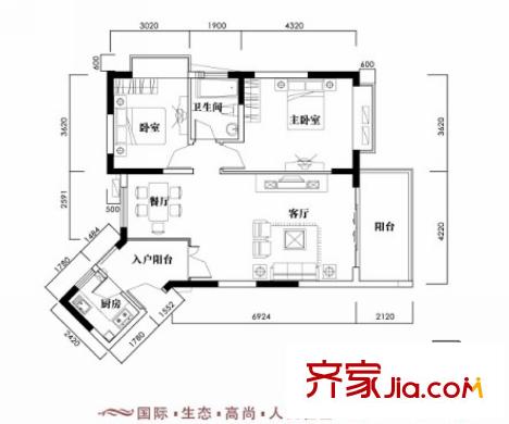 新世紀麗江豪園五期牡丹閣戶型圖1、2座2-16層東向04戶型 2室2廳1衛(wèi)1廚