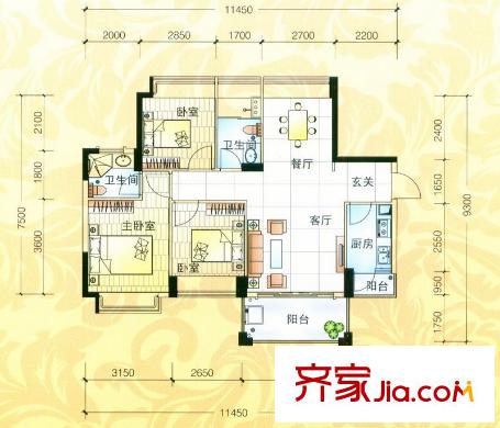 雍景家園戶型圖標(biāo)準(zhǔn)層D3戶型 3室2廳2衛(wèi)1廚
