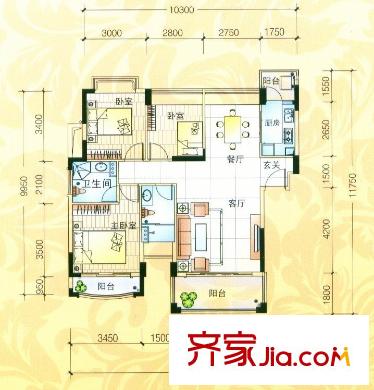 雍景家園戶型圖標(biāo)準(zhǔn)層D2戶型 3室2廳2衛(wèi)1廚