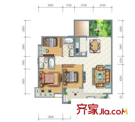 金域中央優(yōu)品美筑 3室 戶型圖
