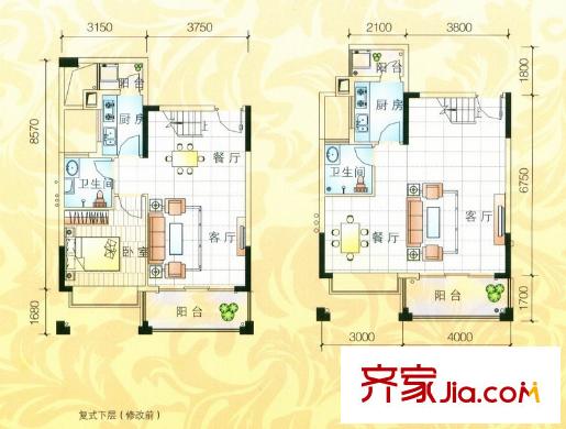 雍景家園戶型圖F5戶型復(fù)式下層 3室2廳2衛(wèi)