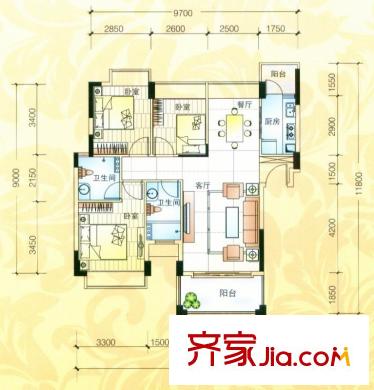 雍景家園戶型圖標(biāo)準(zhǔn)層D1戶型 3室2廳2衛(wèi)1廚
