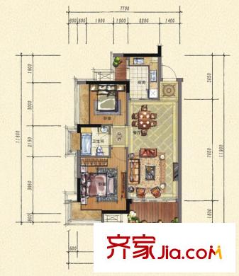鼎峰尚境4棟標準層C5戶型 2室2廳1衛(wèi)1廚
