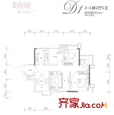 鼎峰尚境4棟標準層01房D1戶型 3室2廳1衛(wèi)1廚