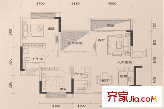 錦龍灣畔D戶型圖 3室2廳2衛(wèi)1廚