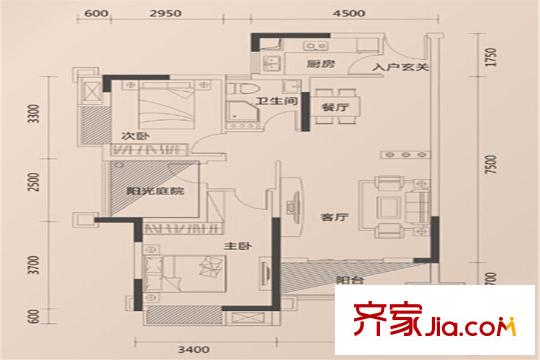 錦龍灣畔C戶型圖 3室2廳1衛(wèi)1廚