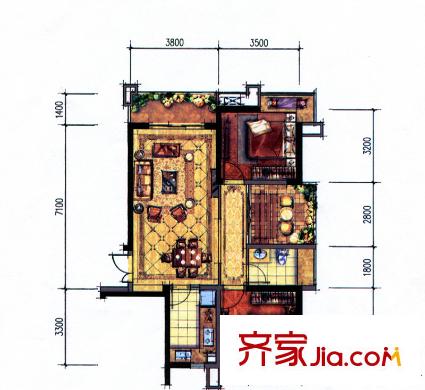 鼎峰尚境1棟2單元01戶型 2室2廳1衛(wèi)1廚