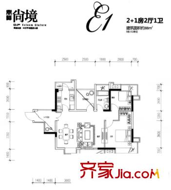 鼎峰尚境5棟標準層01單位E1戶型 3室2廳1衛(wèi)1廚