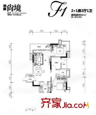 鼎峰尚境6棟標準層二單元01單位F1戶型 3室2廳1衛(wèi)1廚