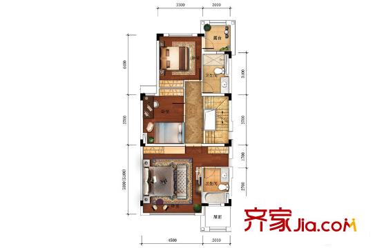 卓越蔚藍(lán)山160平方米聯(lián)排別墅二層 4室2廳4衛(wèi)1廚