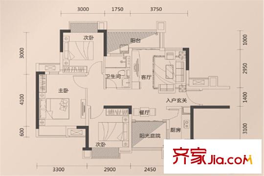 錦龍灣畔B戶型圖 4室2廳1衛(wèi)1廚