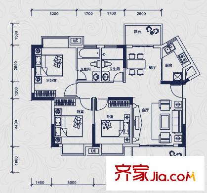 豐澤園戶型圖標(biāo)準(zhǔn)層B C1 H戶型 3室2廳2衛(wèi)1廚