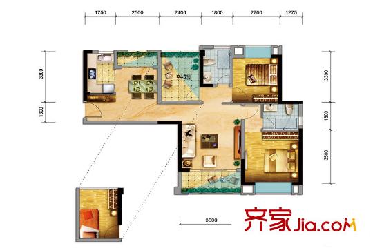 天麟時代廣場1、2、3棟01、02戶型 3室2廳2衛(wèi)1廚
