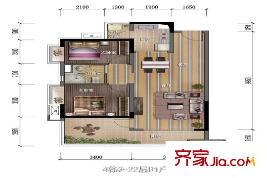 保利中惠?悅城4棟3-22層B1戶型 2室2廳2衛(wèi)1廚
