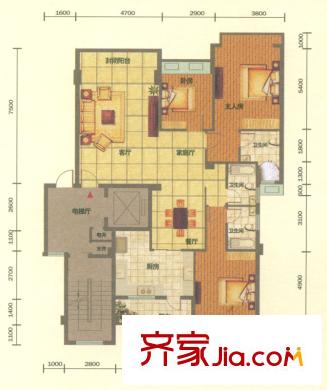錦繡旗峰戶型圖1-2、5-6棟標(biāo)準(zhǔn)層A2戶型 3室2廳3衛(wèi)1廚