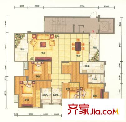 錦繡旗峰戶型圖9棟標(biāo)準(zhǔn)層B6戶型 4室2廳3衛(wèi)1廚
