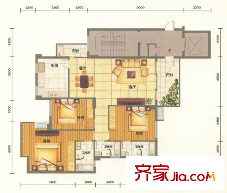 錦繡旗峰戶型圖8棟標(biāo)準(zhǔn)層B4戶型 3室2廳3衛(wèi)1廚