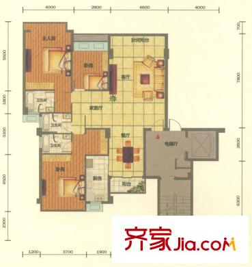 錦繡旗峰戶型圖2、5棟標(biāo)準(zhǔn)層A3戶型 3室2廳3衛(wèi)1廚