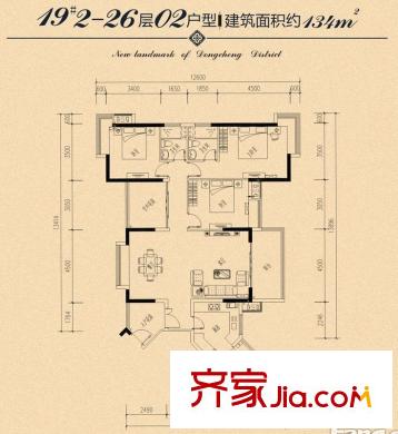 富恒淺水灣戶型圖19棟2-26層02戶型 3室2廳2衛(wèi)1廚