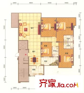 錦繡旗峰戶型圖7棟標(biāo)準(zhǔn)層B1戶型 4室2廳3衛(wèi)1廚