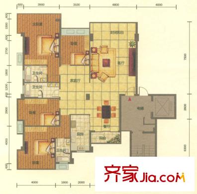 錦繡旗峰戶型圖1、3、4、6棟標(biāo)準(zhǔn)層A1戶型 4室2廳3衛(wèi)1廚