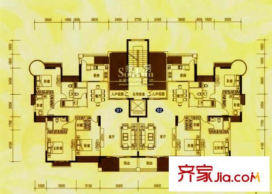 香繽城市花園戶型圖4，5棟 4室2廳
