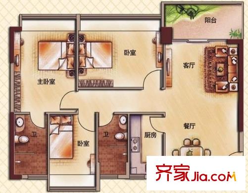 陽光海岸寬寓戶型圖寬寓(陽光海岸一期) 3室 戶型圖 3室2廳1衛(wèi)1廚