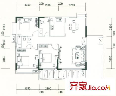 御庭苑戶型圖3棟湖光山舍戶型 3室2廳2衛(wèi)1廚