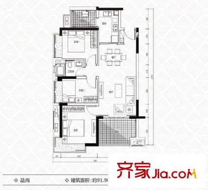 萬科廣場戶型圖5-6棟標(biāo)準(zhǔn)層品尚戶型 2室2廳2衛(wèi)1廚