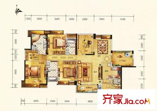 香市1號(hào)戶型圖2棟標(biāo)準(zhǔn)層01、03房E戶型 5室2廳4衛(wèi)1廚