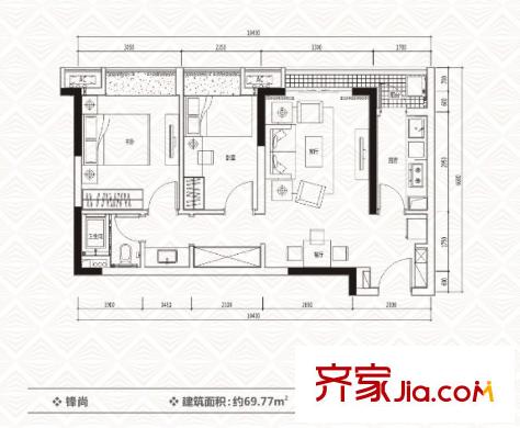 萬科廣場戶型圖5-6棟標(biāo)準(zhǔn)層鋒尚戶型 2室2廳1衛(wèi)1廚