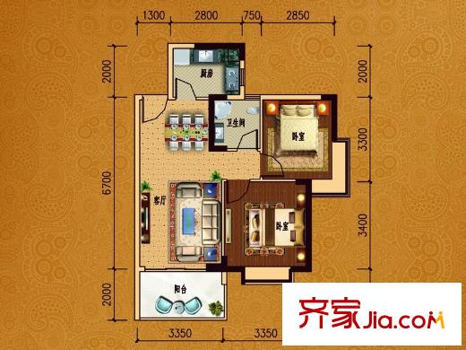 中惠香樟半島戶型圖14棟25棟07戶型73平米 2室2廳1衛(wèi)1廚