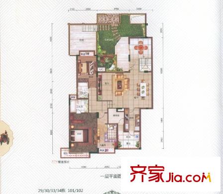 中惠香樟半島戶型圖29/30/33/34棟B1戶型101/102平面圖 3室2廳2衛(wèi)1廚