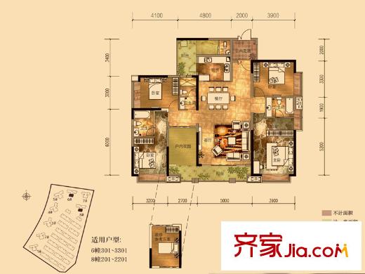 三正臥龍山一號(hào)戶型圖6、8棟標(biāo)準(zhǔn)層F戶型 4室2廳4衛(wèi)1廚
