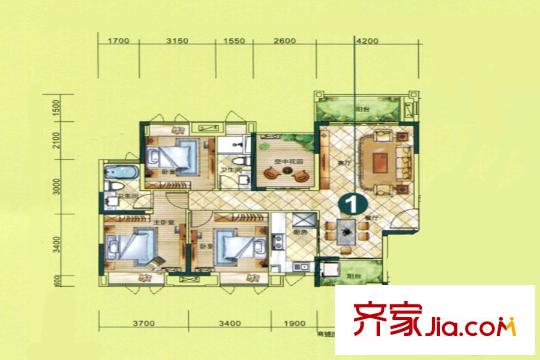 匯景城市山谷戶型圖2棟2單元01戶型 4室2廳2衛(wèi)1廚