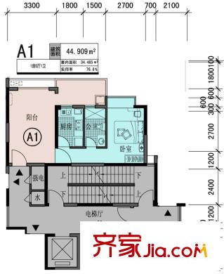 中央公園1號(hào)樓A1戶型 1室1衛(wèi)