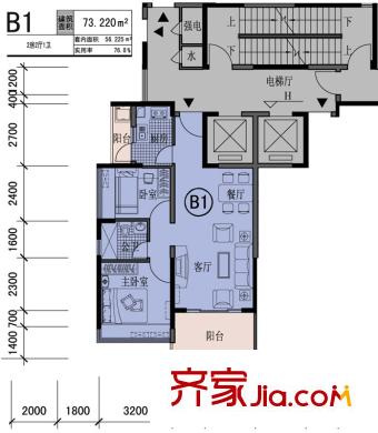 中央公園1號(hào)樓B1戶型 2室2廳1衛(wèi)