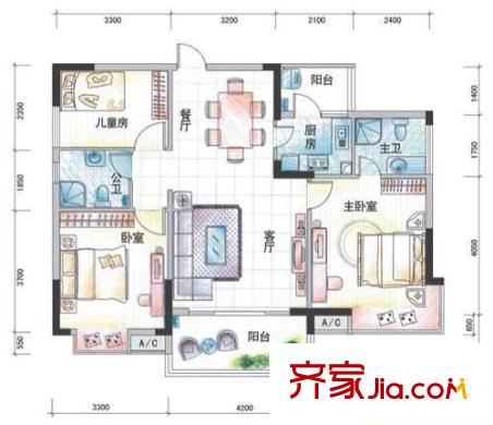 聯(lián)華花園城三期  3室 戶型圖