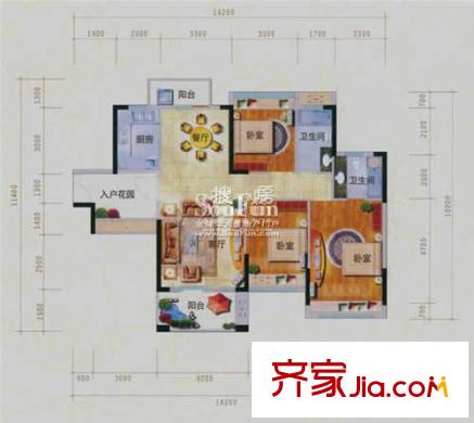風(fēng)臨美麗灣戶型圖3室1廳2衛(wèi)戶型圖 