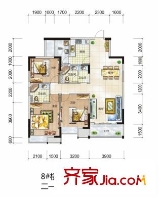 鼎盛中環(huán)戶型圖8棟2-23層01戶型 3室2廳3衛(wèi)1廚