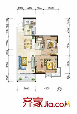 鼎盛中環(huán)戶型圖1#樓3-19層A戶型 2室2廳1衛(wèi)1廚