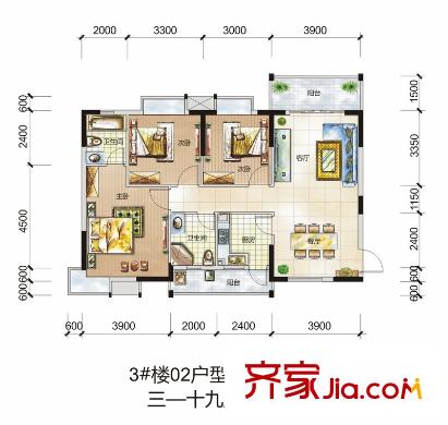 鼎盛中環(huán)戶型圖3#樓3-19層02戶型 3室2廳2衛(wèi)1廚