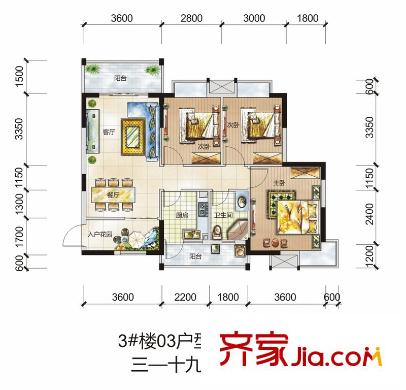 鼎盛中環(huán)戶型圖3#樓3-19層03戶型 3室2廳1衛(wèi)1廚
