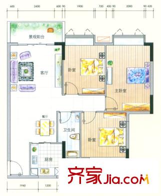 城蕊首府戶型圖3棟六層C4戶型 3室2廳1衛(wèi)