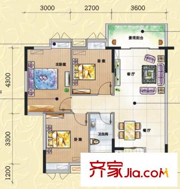 城蕊首府戶型圖4-5棟標(biāo)準(zhǔn)層01、04戶型 3室2廳1衛(wèi)1廚